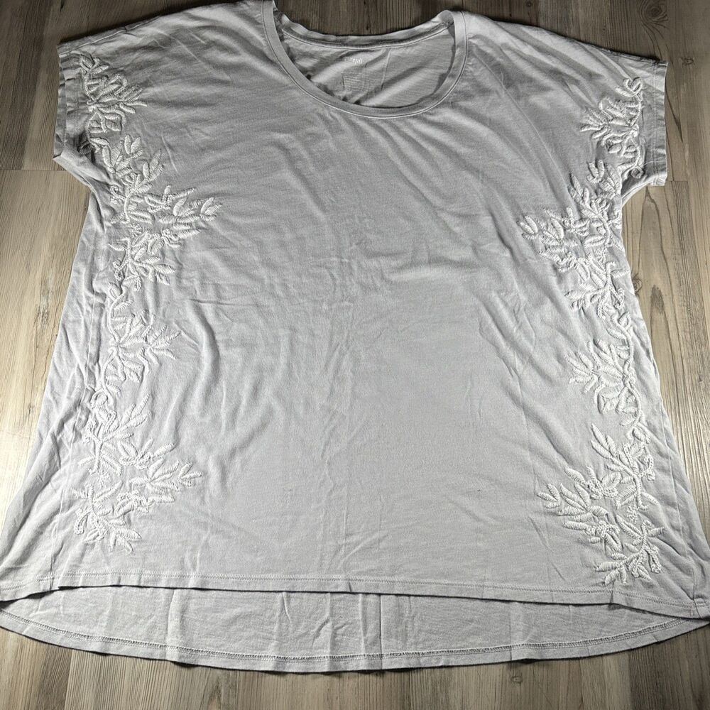 Pure Jill Embroidered Floral Short Sleeved Long Tunic Cotton Tencel Top Size L